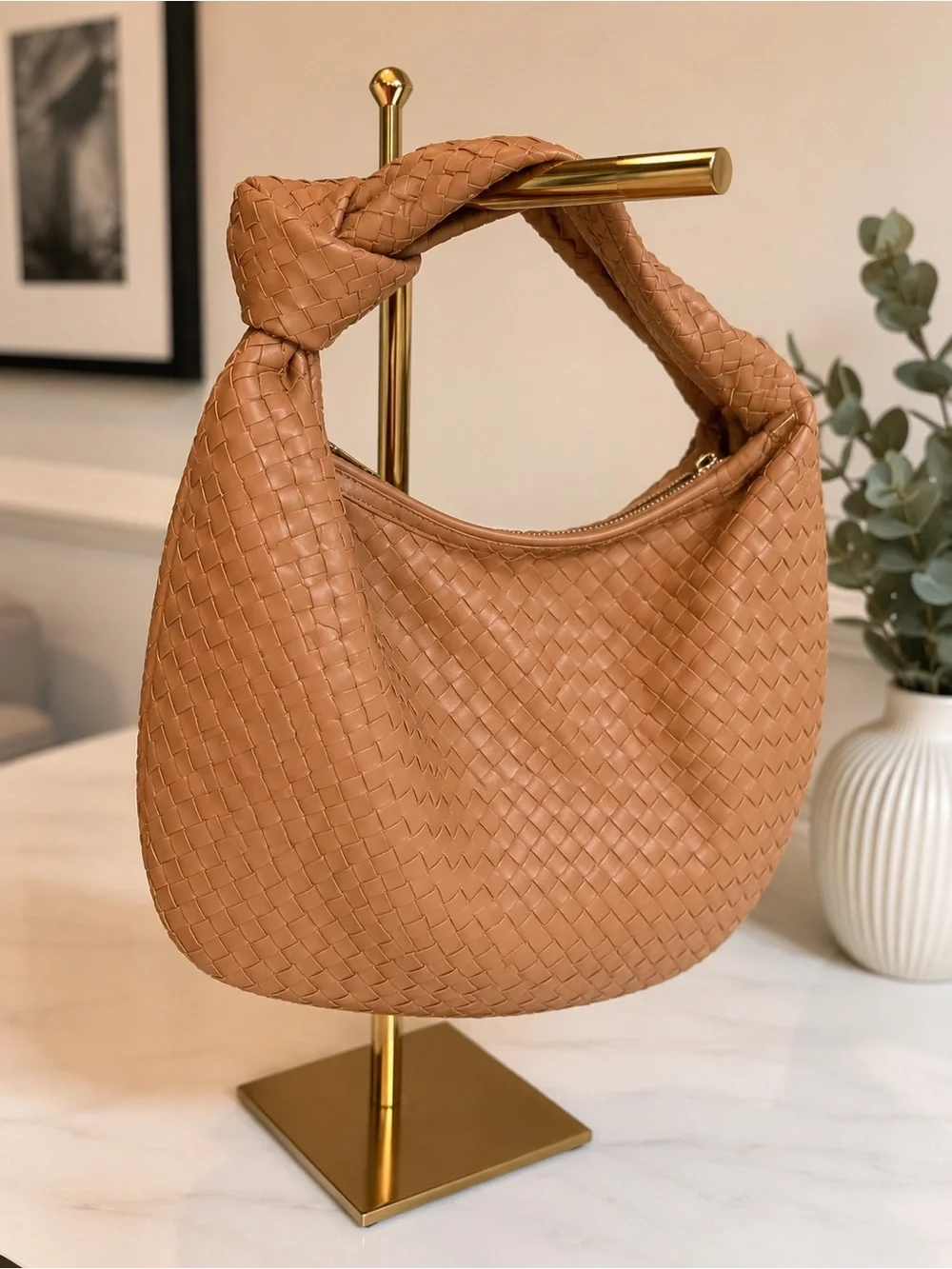 Woven Knot-Handle Hobo Bag in Tan
